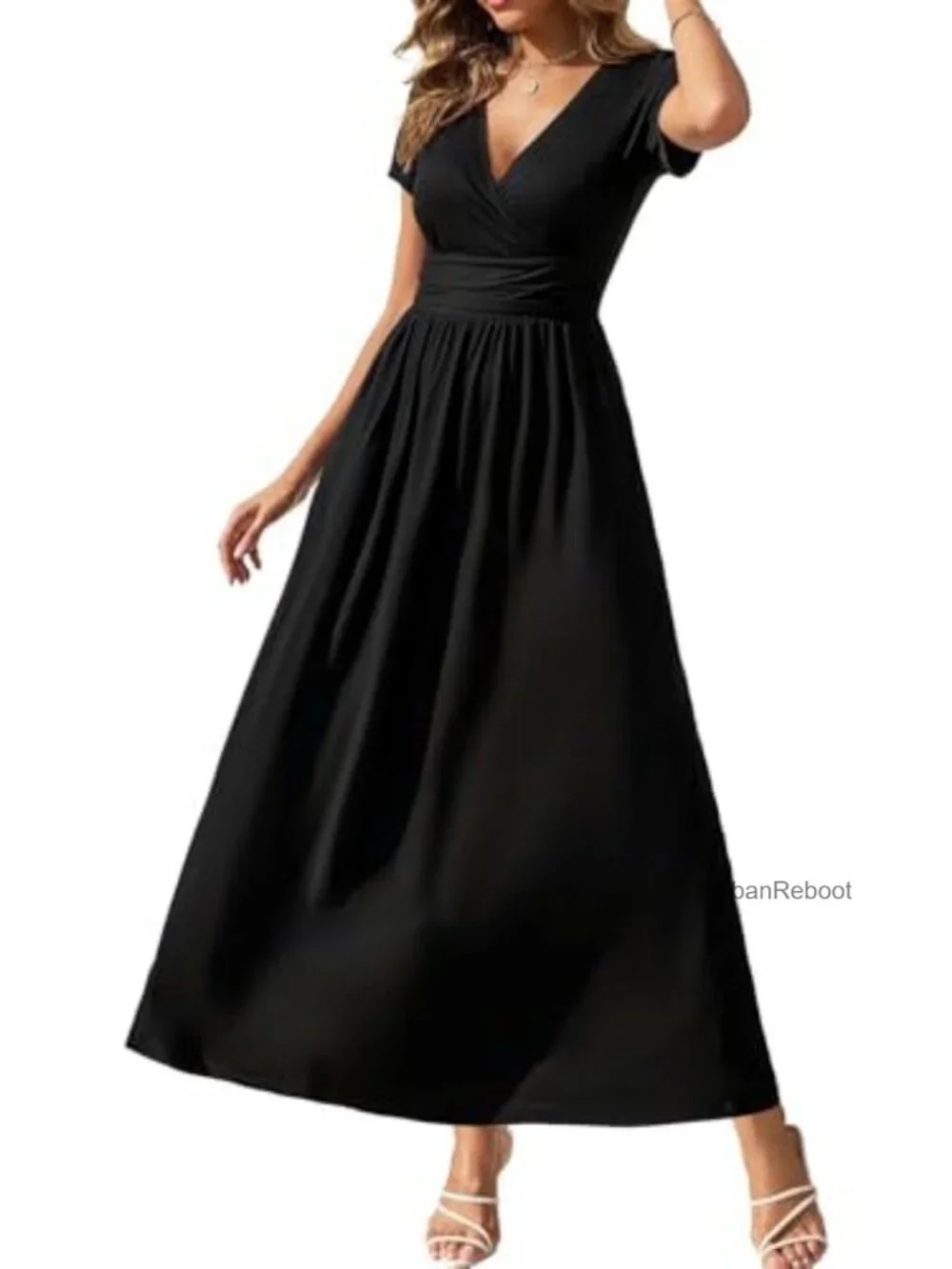 Wrap Maxi Dress with Pockets Short Sleeve V-Neck Summer Midi A-Line